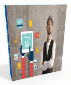 La portada de un libro con un hombre sosteniendo un icono que anuncia Creación de una tienda online en WordPress.