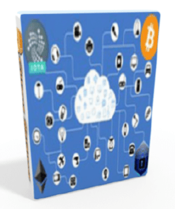 Introducción a Blockchain, un cuadro azul con íconos.