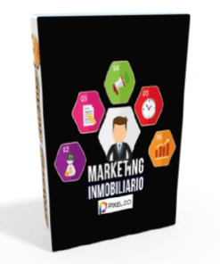 La portada de un libro con las palabras Marketing Inmobiliario – Miguel Ceballos, rodeado de cursos baratos.